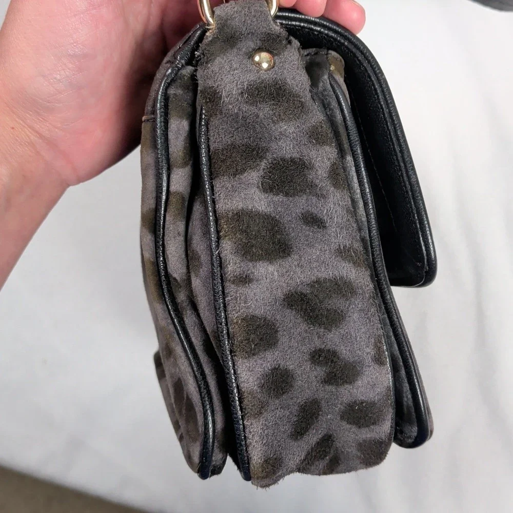 Kate Spade Gray Leopard Print Calf Hair Shoulder Bag Gold Turn Lock Preppy